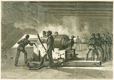 Intérieur de la batterie du Merrimac, pendant le combat avec le Monitor, gepubliceerd 1862-1865 door French School